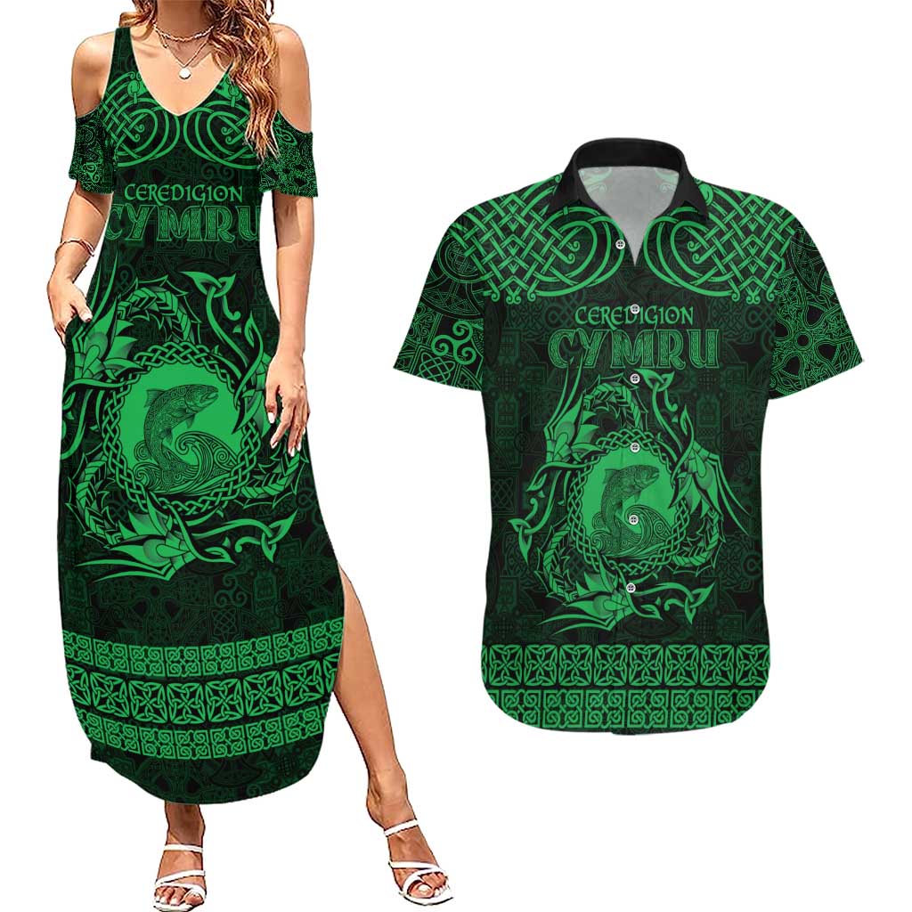 Personalized Cardiganshire Ceredigion Couples Matching Summer Maxi Dress and Hawaiian Shirt Green Leaping Salmon Celtic-inspired - Wonder Print Shop