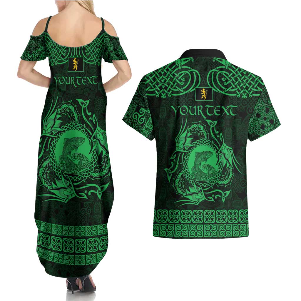 Personalized Cardiganshire Ceredigion Couples Matching Summer Maxi Dress and Hawaiian Shirt Green Leaping Salmon Celtic-inspired - Wonder Print Shop