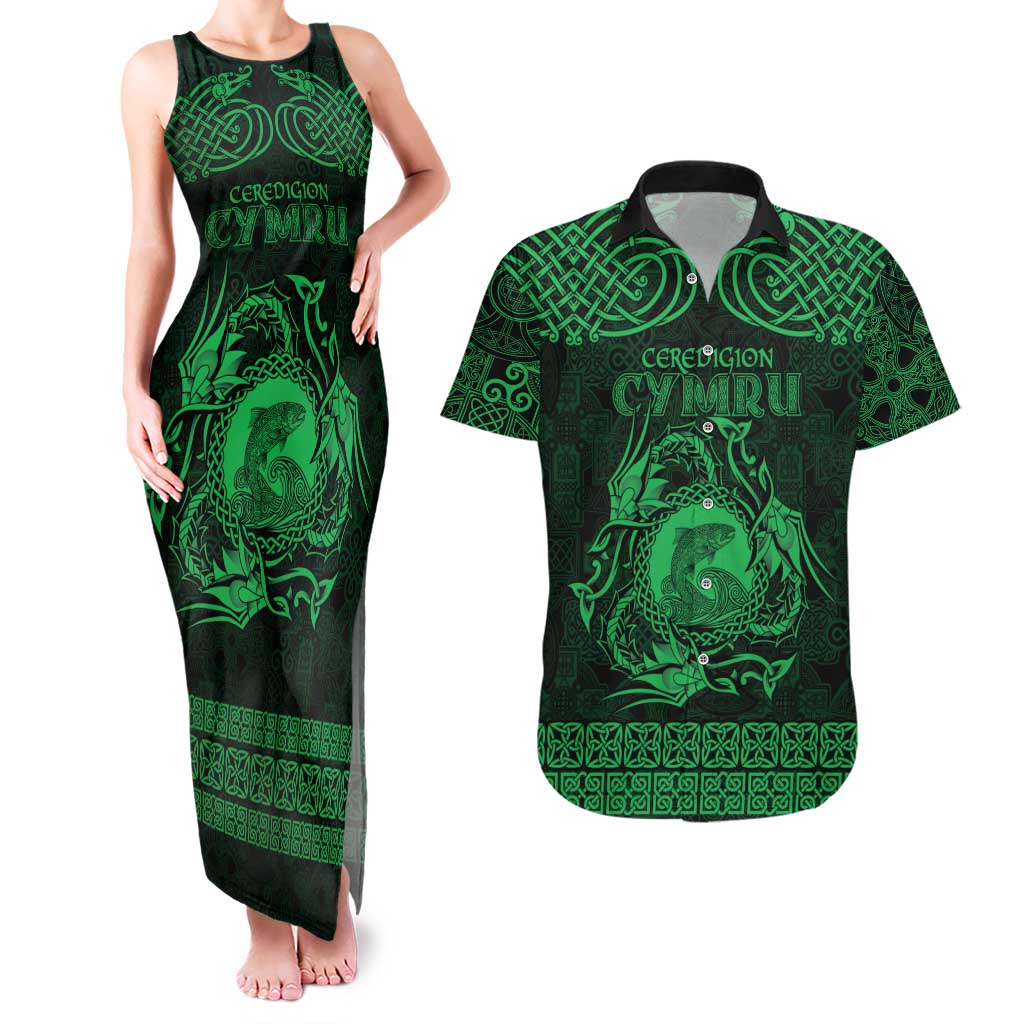 Personalized Cardiganshire Ceredigion Couples Matching Tank Maxi Dress and Hawaiian Shirt Green Leaping Salmon Celtic-inspired - Wonder Print Shop