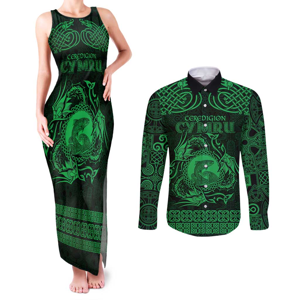 Personalized Cardiganshire Ceredigion Couples Matching Tank Maxi Dress and Long Sleeve Button Shirt Green Leaping Salmon Celtic-inspired - Wonder Print Shop