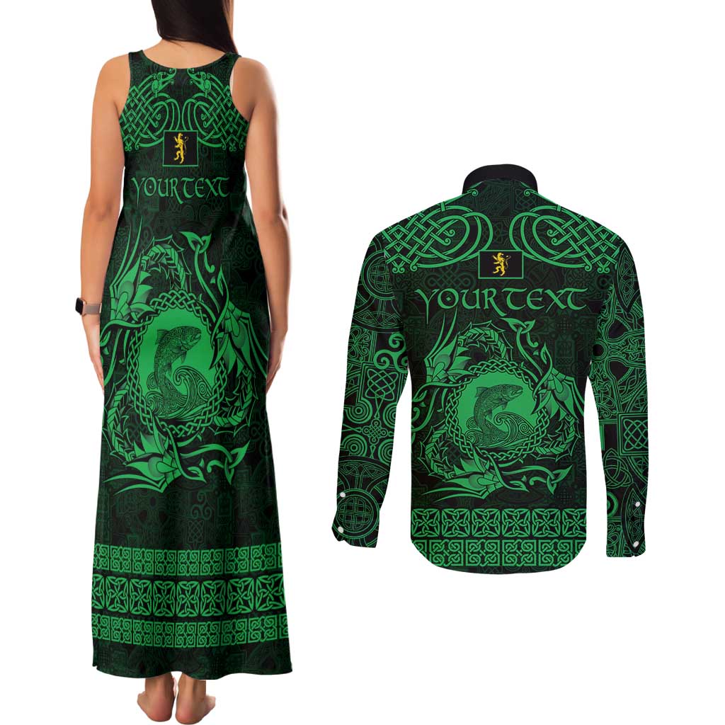 Personalized Cardiganshire Ceredigion Couples Matching Tank Maxi Dress and Long Sleeve Button Shirt Green Leaping Salmon Celtic-inspired - Wonder Print Shop