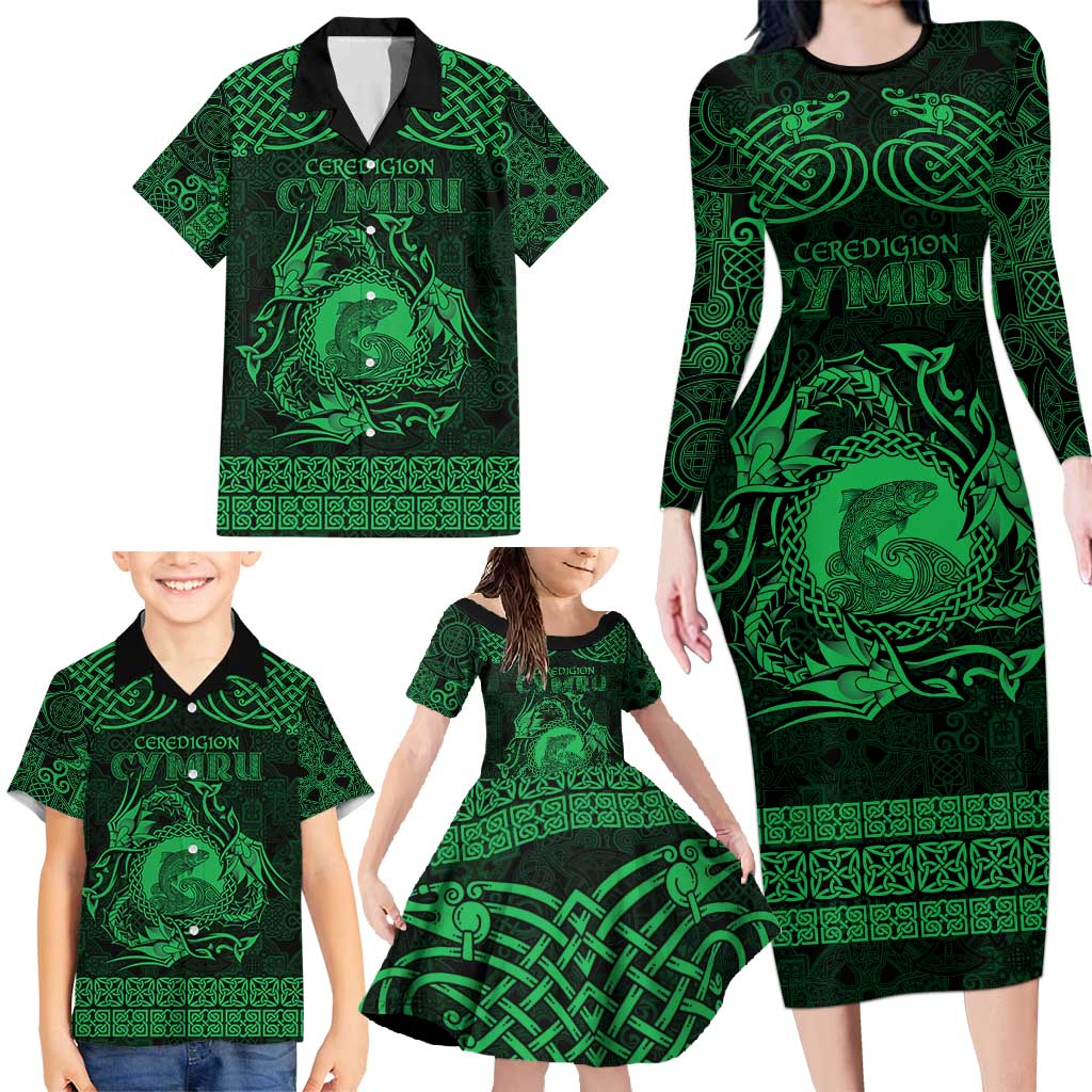 Personalized Cardiganshire Ceredigion Family Matching Long Sleeve Bodycon Dress and Hawaiian Shirt Green Leaping Salmon Celtic-inspired - Wonder Print Shop