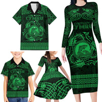 Personalized Cardiganshire Ceredigion Family Matching Long Sleeve Bodycon Dress and Hawaiian Shirt Green Leaping Salmon Celtic-inspired - Wonder Print Shop