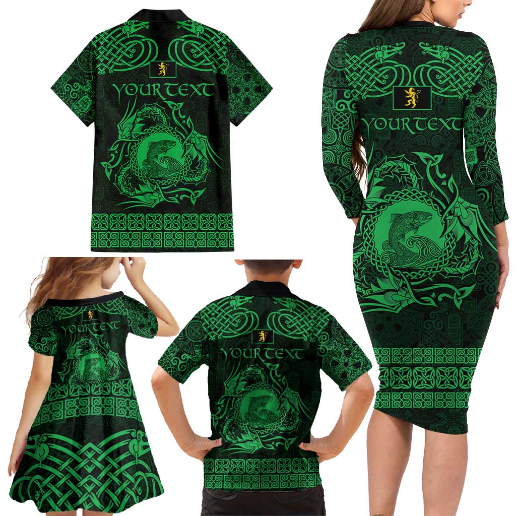 Personalized Cardiganshire Ceredigion Family Matching Long Sleeve Bodycon Dress and Hawaiian Shirt Green Leaping Salmon Celtic-inspired - Wonder Print Shop
