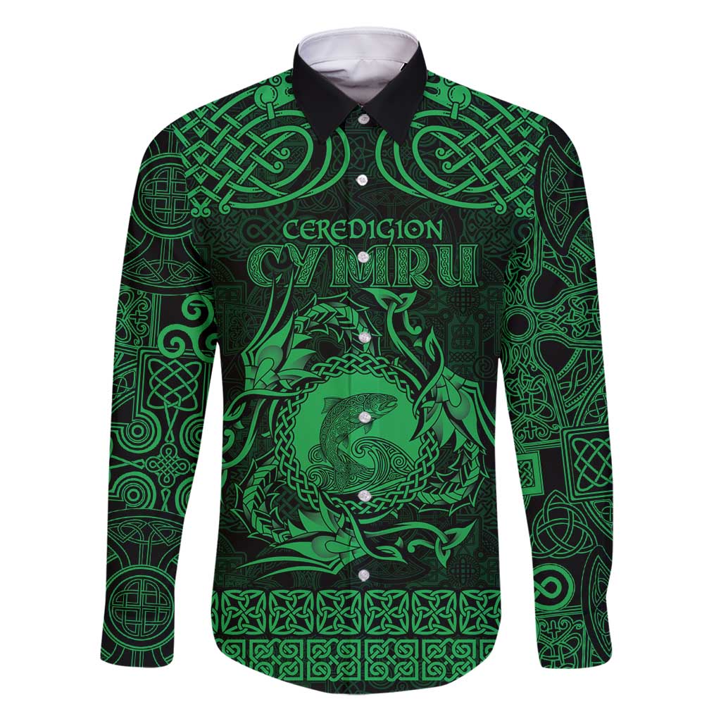 Personalized Cardiganshire Ceredigion Family Matching Long Sleeve Bodycon Dress and Hawaiian Shirt Green Leaping Salmon Celtic-inspired - Wonder Print Shop