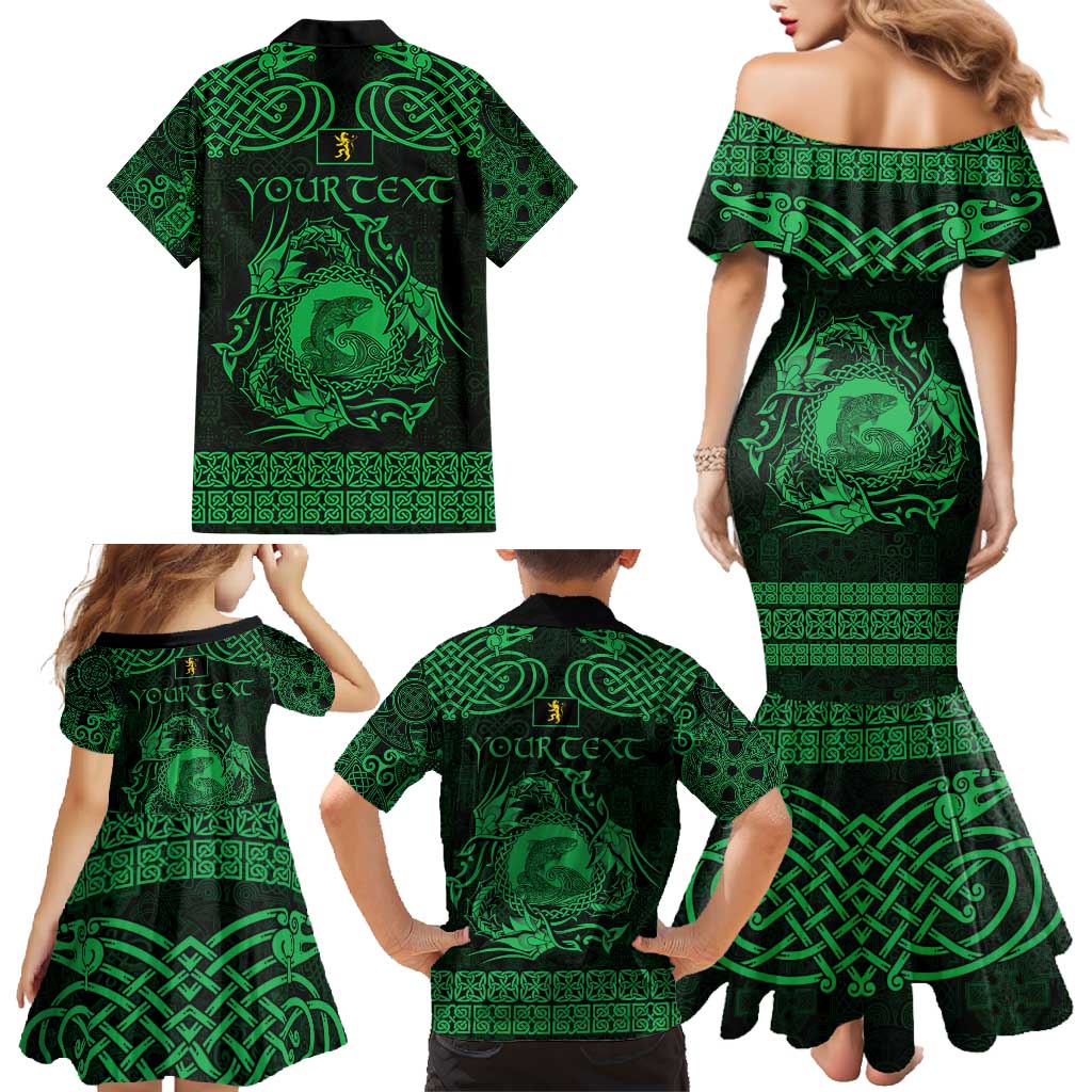 Personalized Cardiganshire Ceredigion Family Matching Mermaid Dress and Hawaiian Shirt Green Leaping Salmon Celtic-inspired - Wonder Print Shop