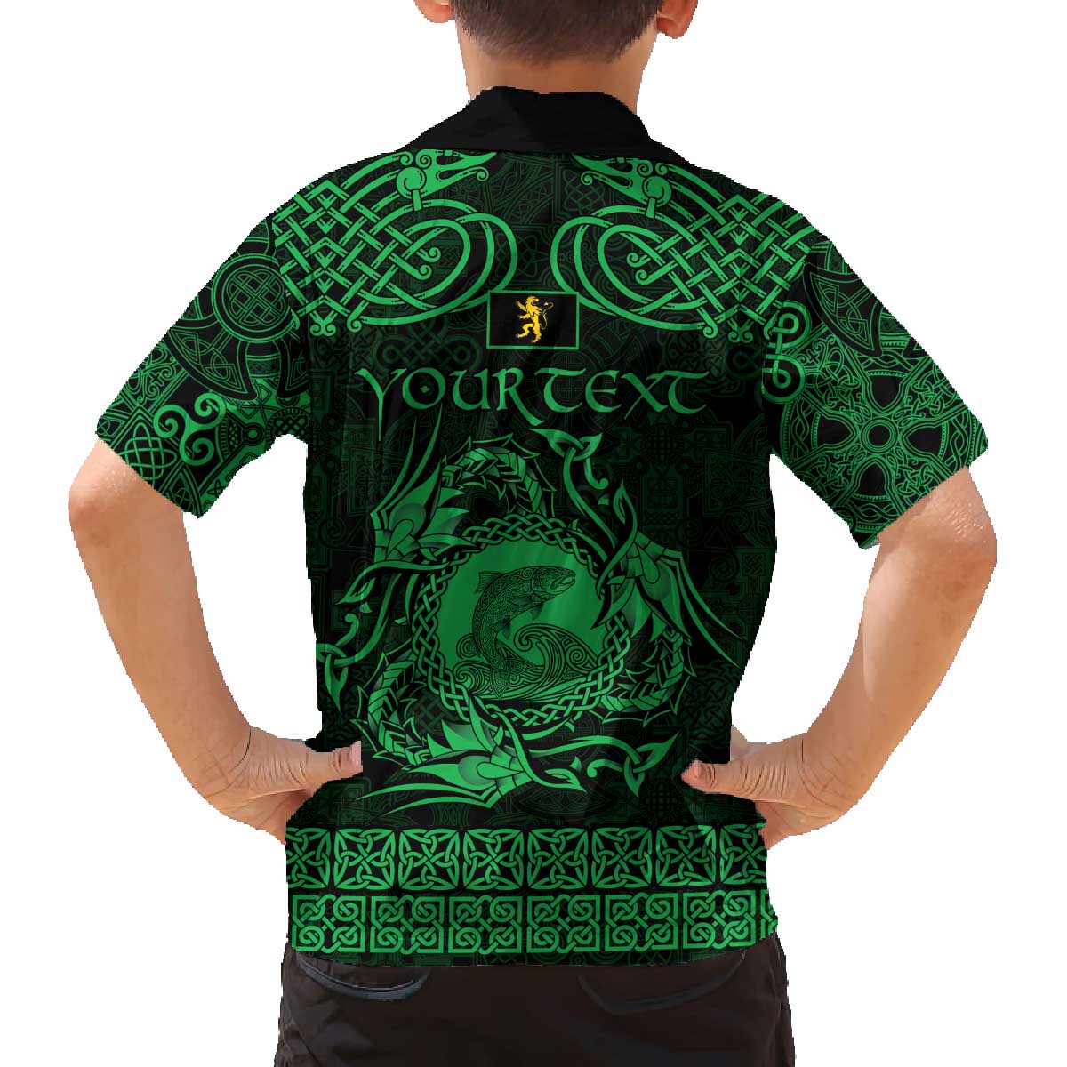 Personalized Cardiganshire Ceredigion Family Matching Off The Shoulder Long Sleeve Dress and Hawaiian Shirt Green Leaping Salmon Celtic-inspired - Wonder Print Shop