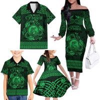 Personalized Cardiganshire Ceredigion Family Matching Off The Shoulder Long Sleeve Dress and Hawaiian Shirt Green Leaping Salmon Celtic-inspired - Wonder Print Shop
