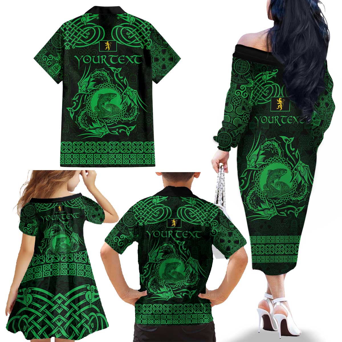 Personalized Cardiganshire Ceredigion Family Matching Off The Shoulder Long Sleeve Dress and Hawaiian Shirt Green Leaping Salmon Celtic-inspired - Wonder Print Shop