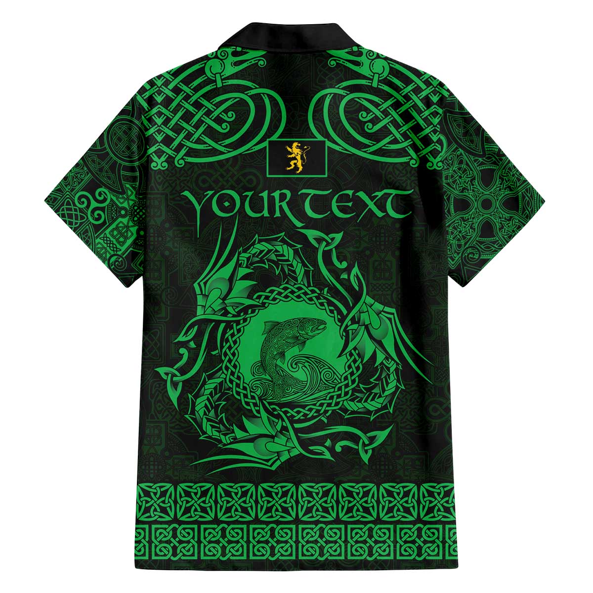 Personalized Cardiganshire Ceredigion Family Matching Off The Shoulder Long Sleeve Dress and Hawaiian Shirt Green Leaping Salmon Celtic-inspired - Wonder Print Shop