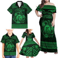 Personalized Cardiganshire Ceredigion Family Matching Off Shoulder Maxi Dress and Hawaiian Shirt Green Leaping Salmon Celtic-inspired - Wonder Print Shop