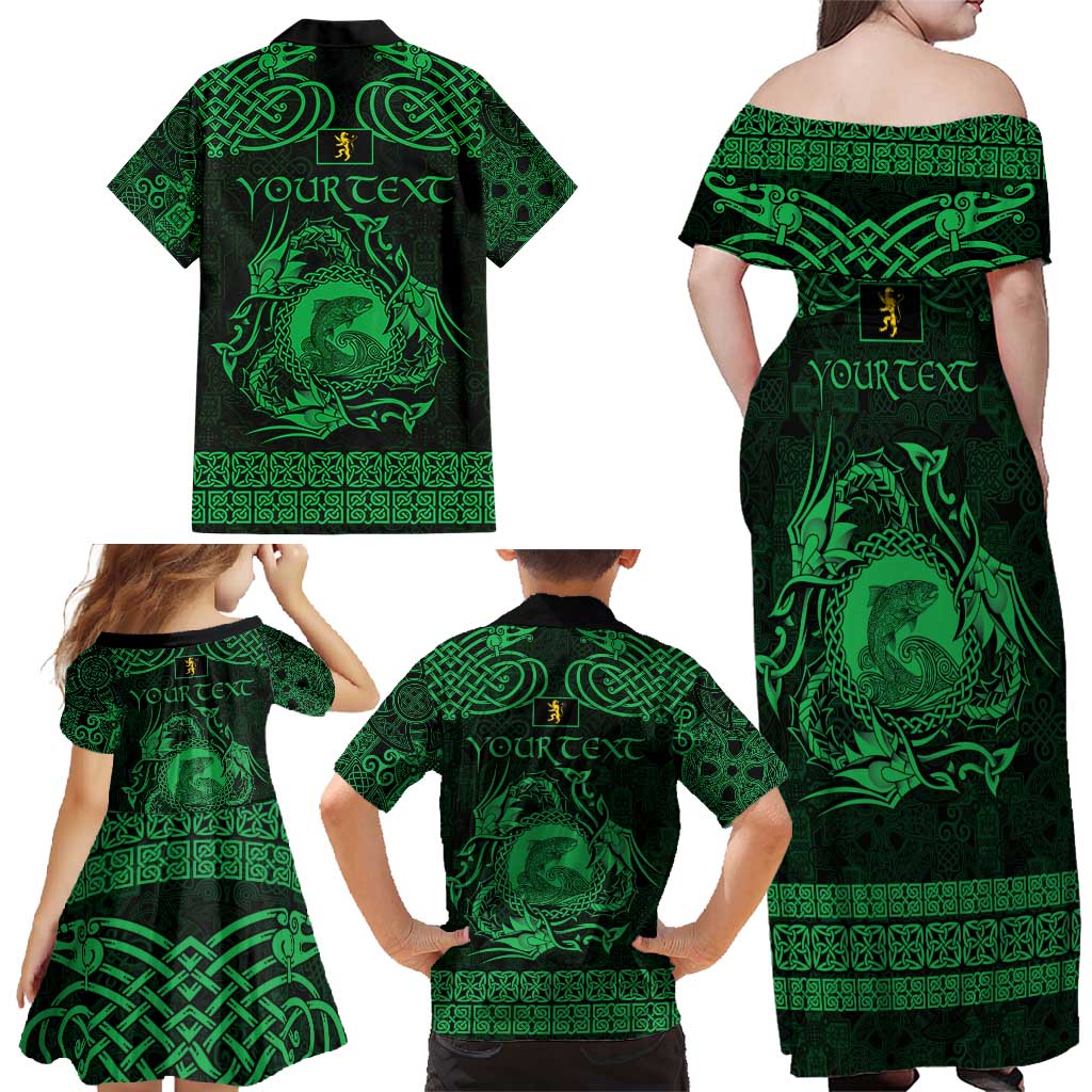 Personalized Cardiganshire Ceredigion Family Matching Off Shoulder Maxi Dress and Hawaiian Shirt Green Leaping Salmon Celtic-inspired - Wonder Print Shop