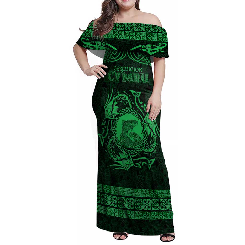 Personalized Cardiganshire Ceredigion Family Matching Off Shoulder Maxi Dress and Hawaiian Shirt Green Leaping Salmon Celtic-inspired - Wonder Print Shop