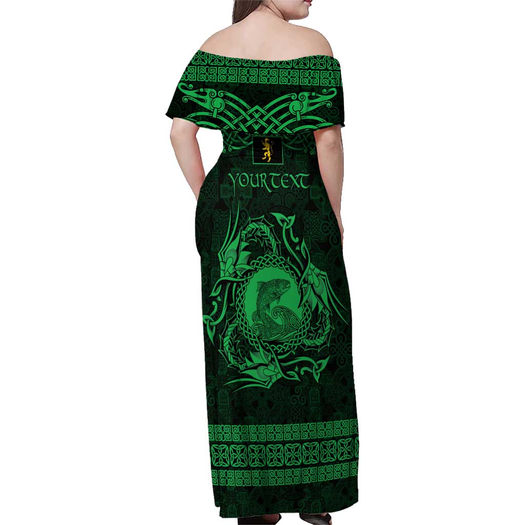 Personalized Cardiganshire Ceredigion Family Matching Off Shoulder Maxi Dress and Hawaiian Shirt Green Leaping Salmon Celtic-inspired - Wonder Print Shop