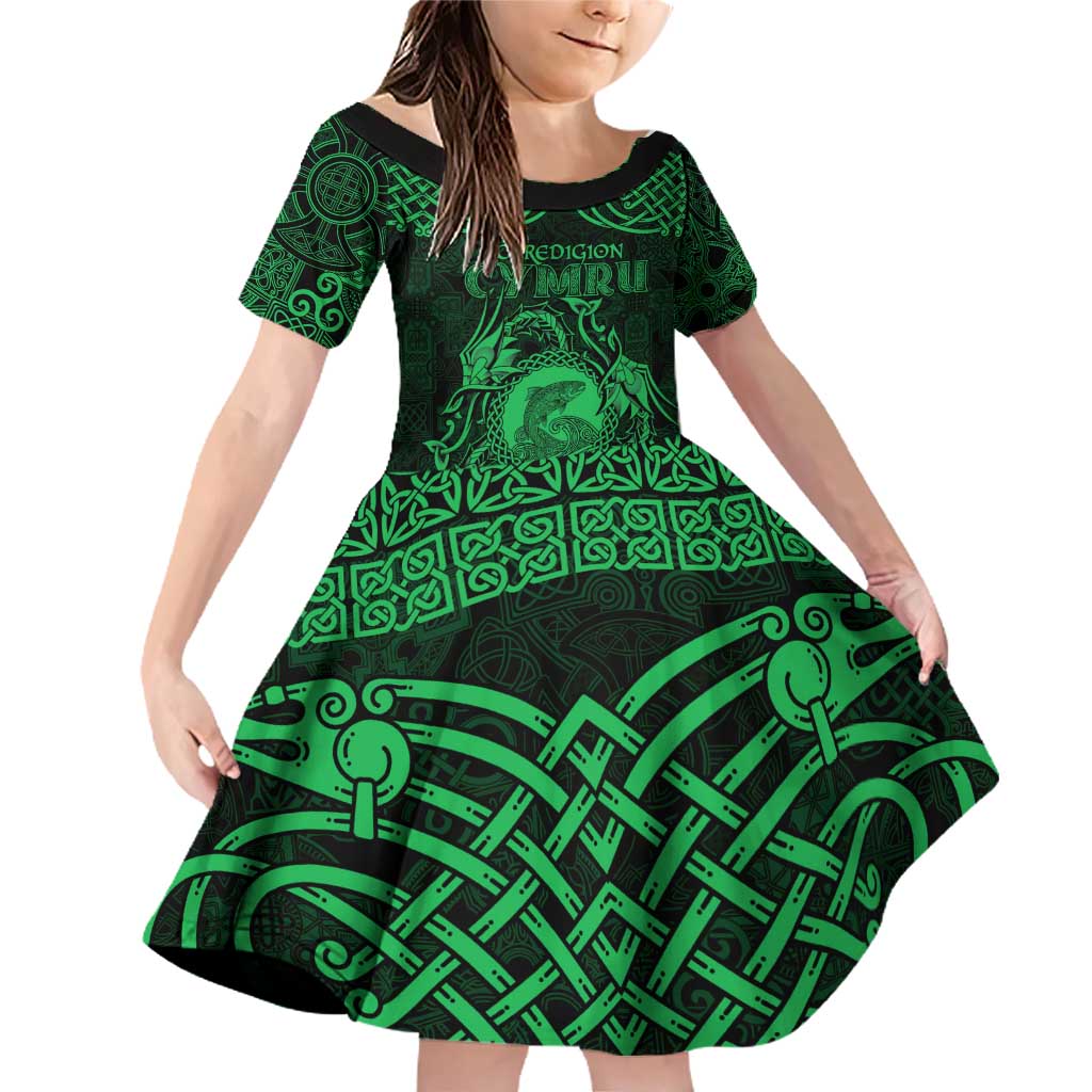 Personalized Cardiganshire Ceredigion Family Matching Off Shoulder Short Dress and Hawaiian Shirt Green Leaping Salmon Celtic-inspired - Wonder Print Shop