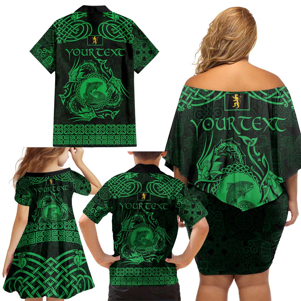 Personalized Cardiganshire Ceredigion Family Matching Off Shoulder Short Dress and Hawaiian Shirt Green Leaping Salmon Celtic-inspired - Wonder Print Shop