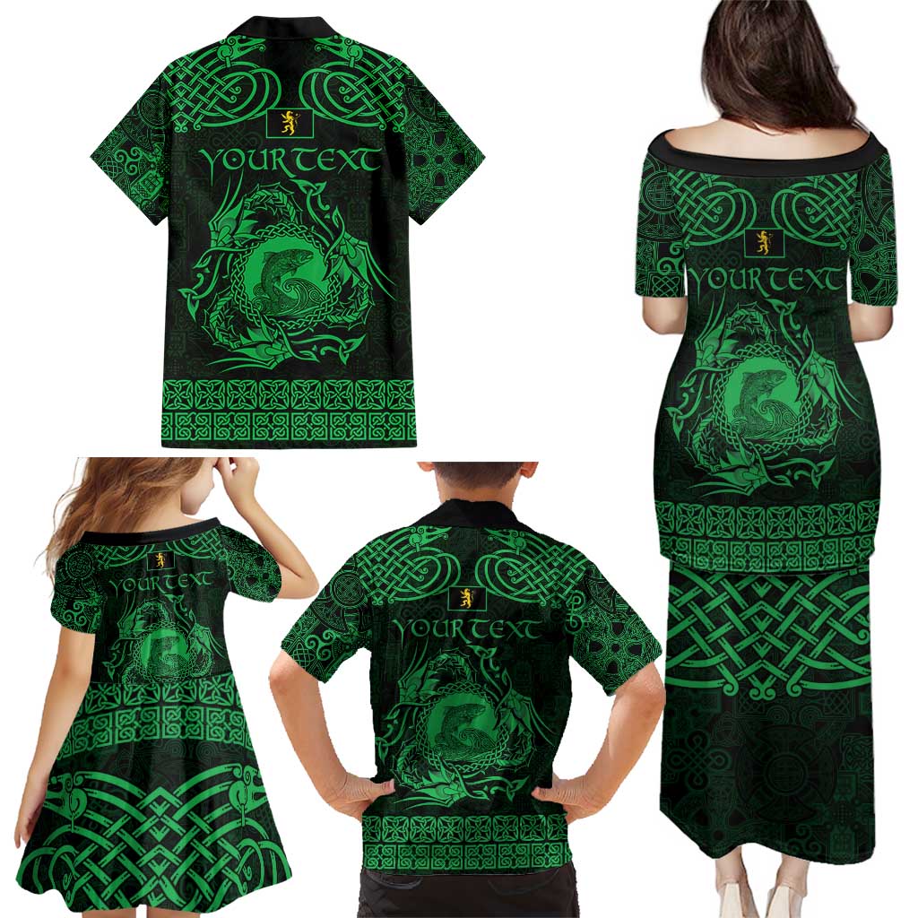Personalized Cardiganshire Ceredigion Family Matching Puletasi and Hawaiian Shirt Green Leaping Salmon Celtic-inspired - Wonder Print Shop