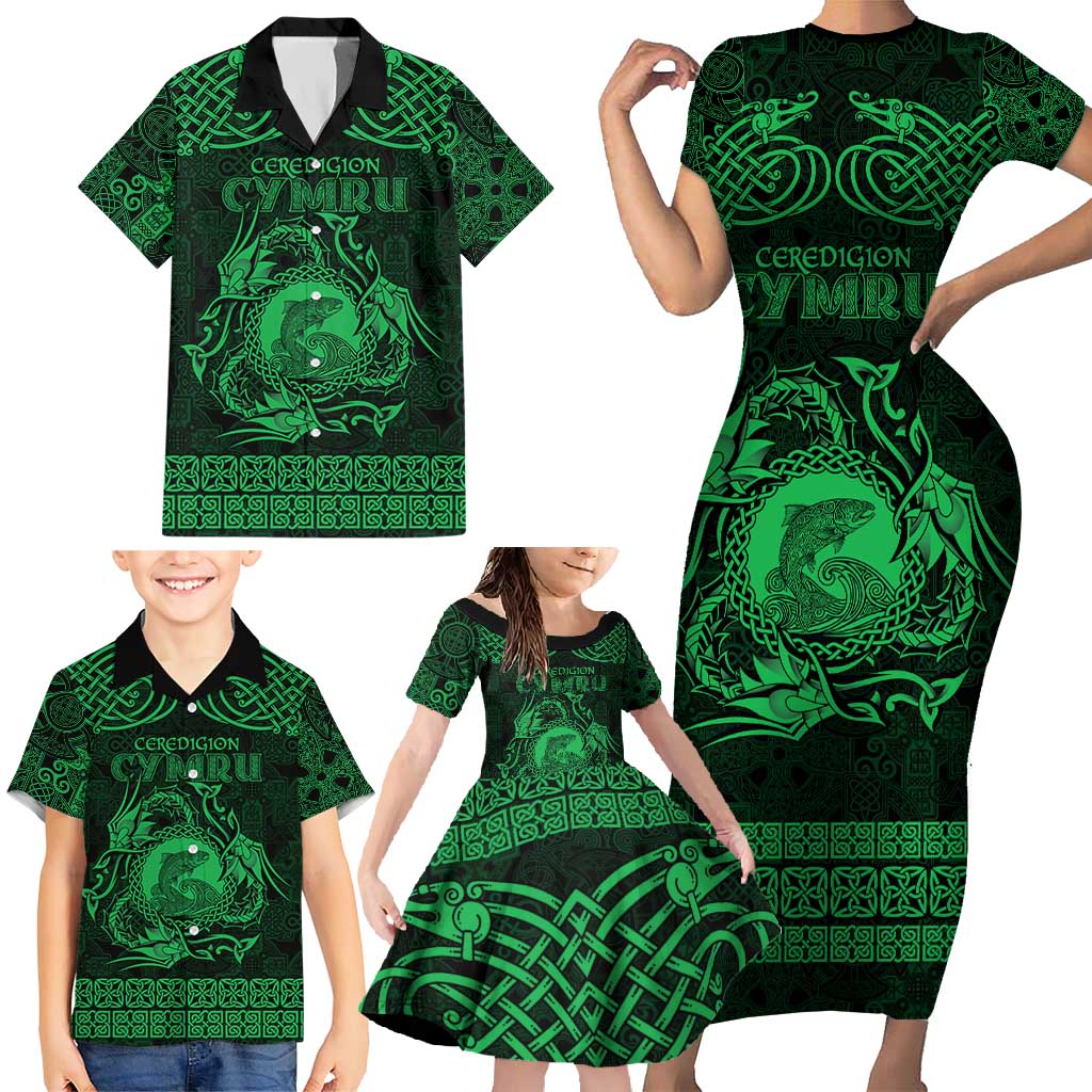 Personalized Cardiganshire Ceredigion Family Matching Short Sleeve Bodycon Dress and Hawaiian Shirt Green Leaping Salmon Celtic-inspired - Wonder Print Shop