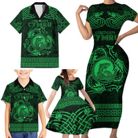 Personalized Cardiganshire Ceredigion Family Matching Short Sleeve Bodycon Dress and Hawaiian Shirt Green Leaping Salmon Celtic-inspired - Wonder Print Shop