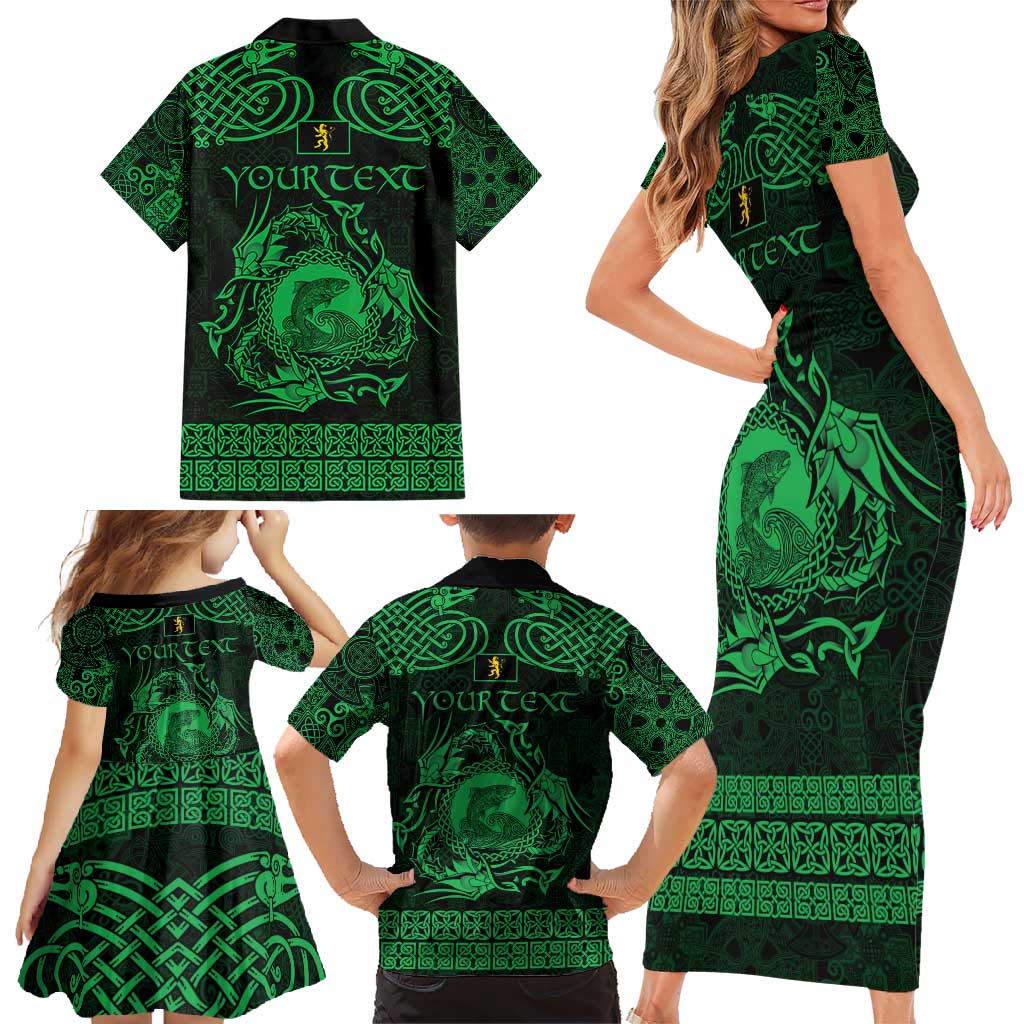Personalized Cardiganshire Ceredigion Family Matching Short Sleeve Bodycon Dress and Hawaiian Shirt Green Leaping Salmon Celtic-inspired - Wonder Print Shop