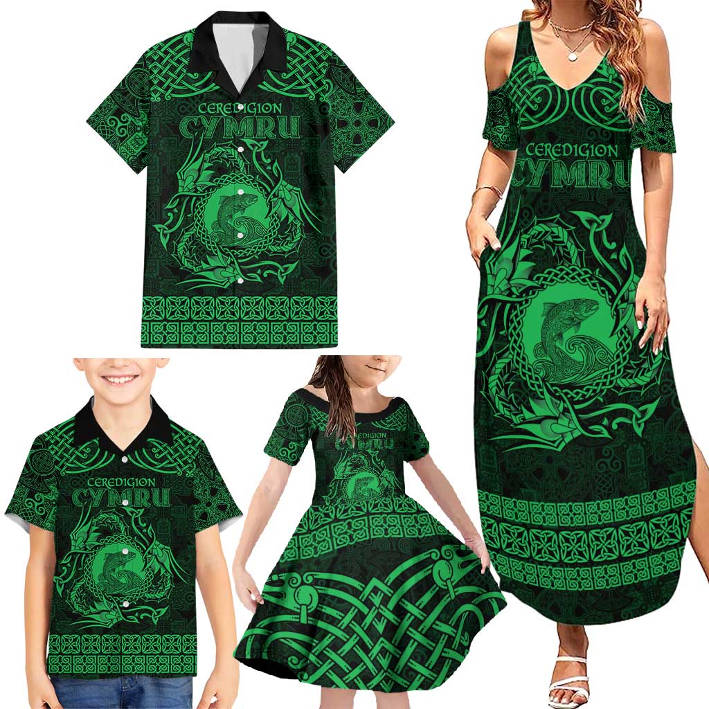 Personalized Cardiganshire Ceredigion Family Matching Summer Maxi Dress and Hawaiian Shirt Green Leaping Salmon Celtic-inspired - Wonder Print Shop