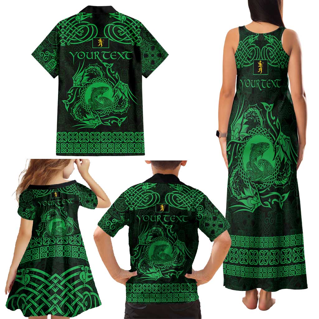 Personalized Cardiganshire Ceredigion Family Matching Tank Maxi Dress and Hawaiian Shirt Green Leaping Salmon Celtic-inspired - Wonder Print Shop