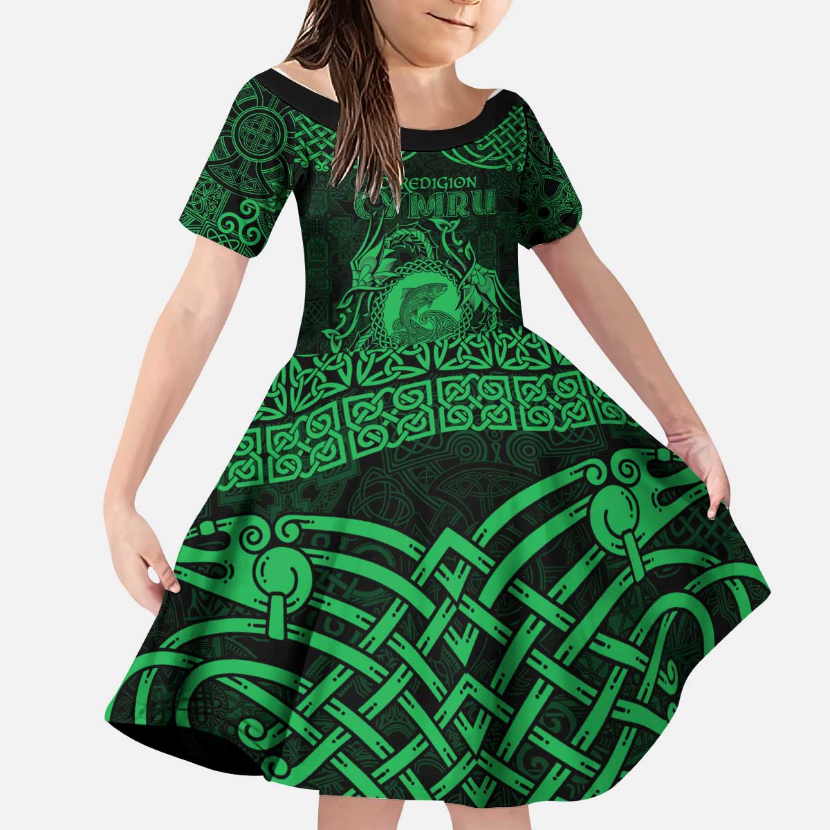 Personalized Cardiganshire Ceredigion Kid Short Sleeve Dress Green Leaping Salmon Celtic-inspired - Wonder Print Shop