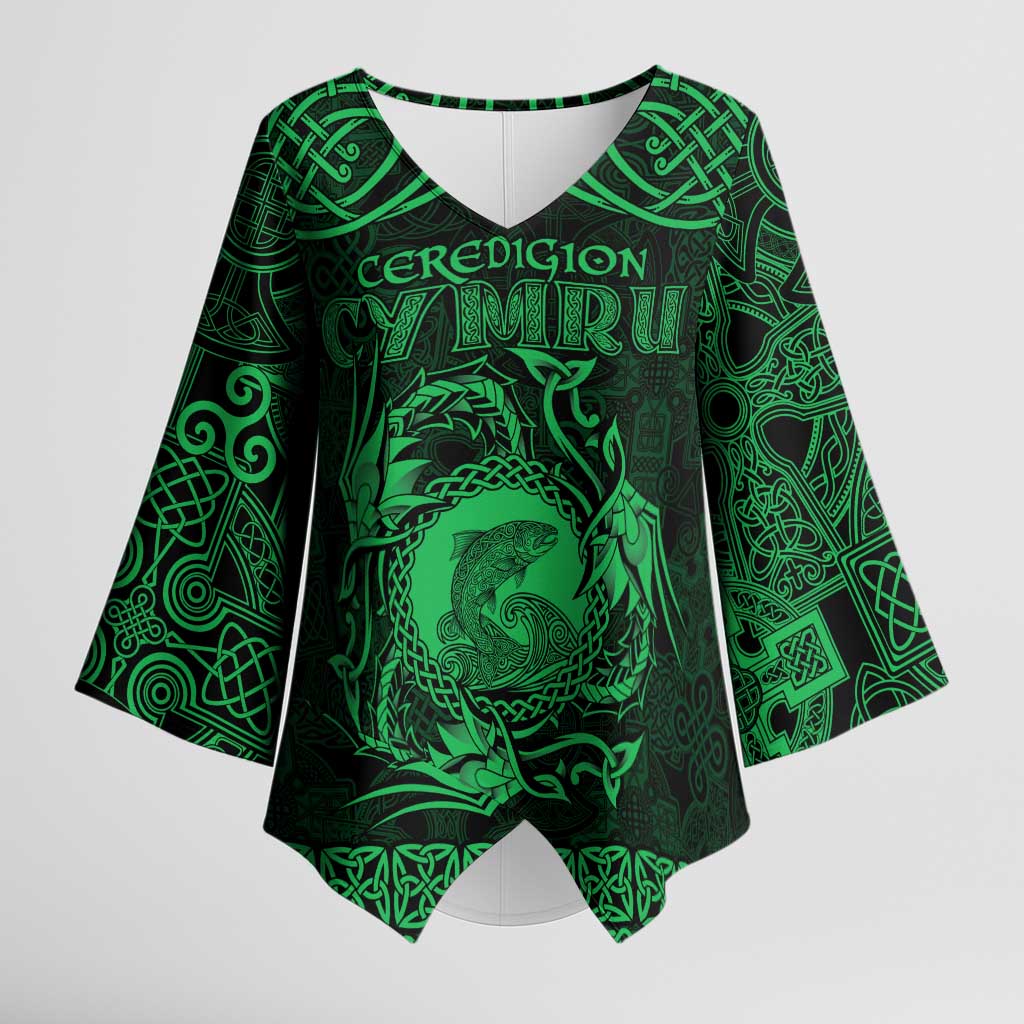 Personalized Cardiganshire Ceredigion Kimono Sleeve Blouse Green Leaping Salmon Celtic-inspired - Wonder Print Shop