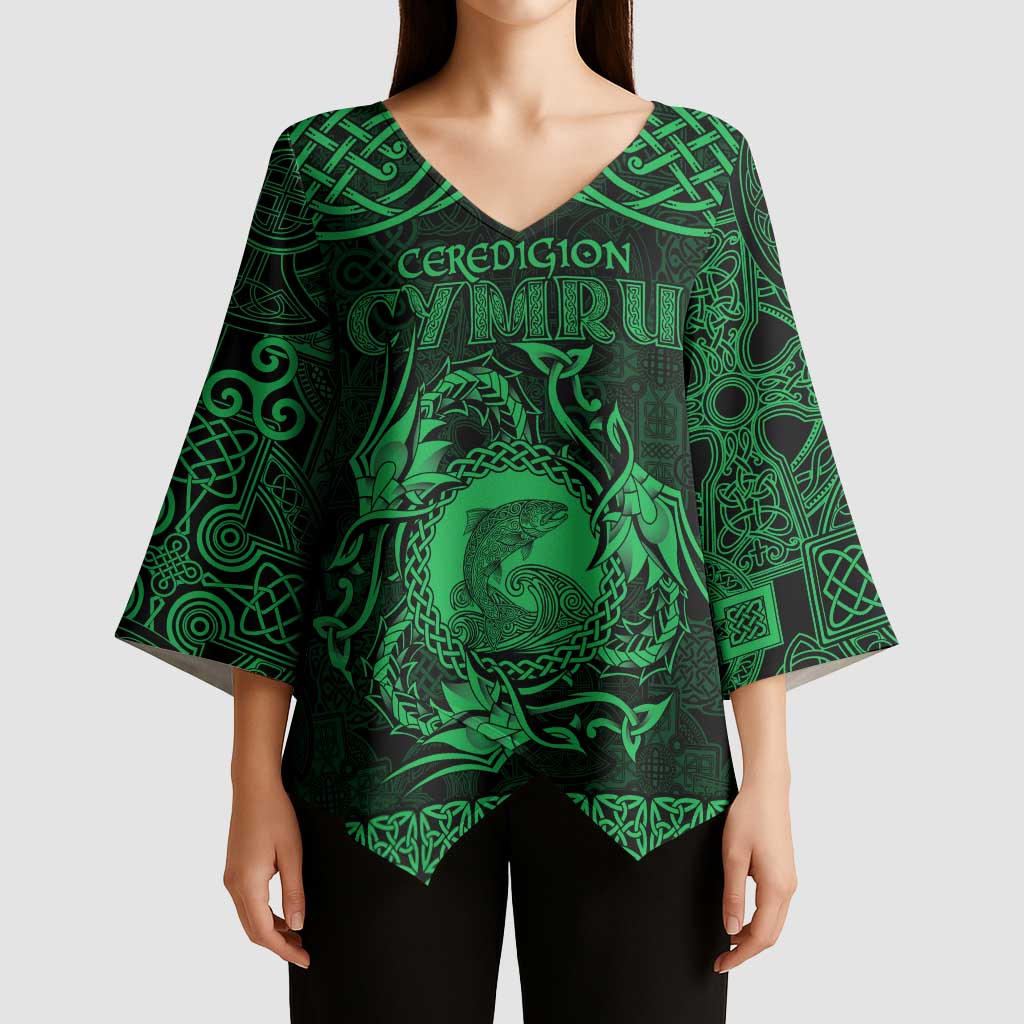 Personalized Cardiganshire Ceredigion Kimono Sleeve Blouse Green Leaping Salmon Celtic-inspired - Wonder Print Shop