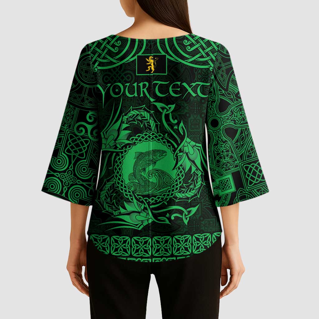 Personalized Cardiganshire Ceredigion Kimono Sleeve Blouse Green Leaping Salmon Celtic-inspired - Wonder Print Shop