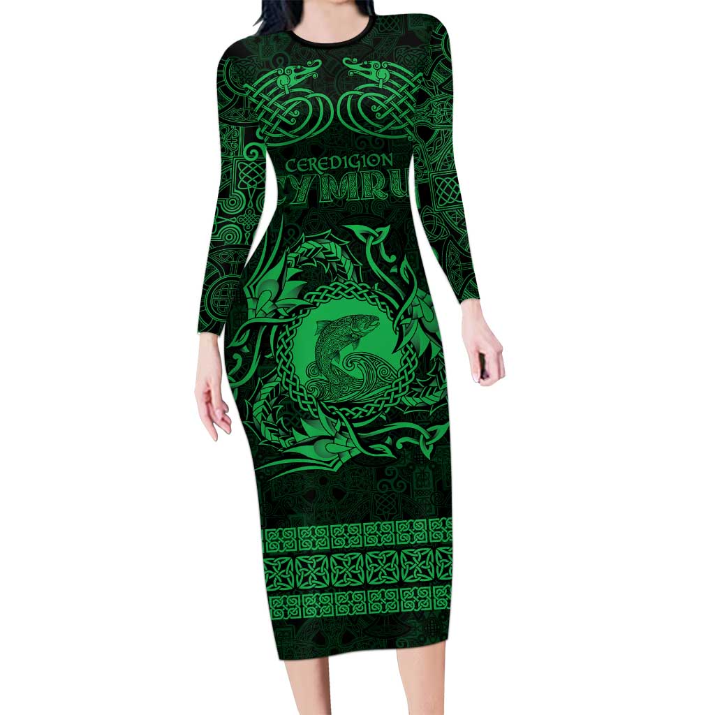 Personalized Cardiganshire Ceredigion Long Sleeve Bodycon Dress Green Leaping Salmon Celtic-inspired - Wonder Print Shop