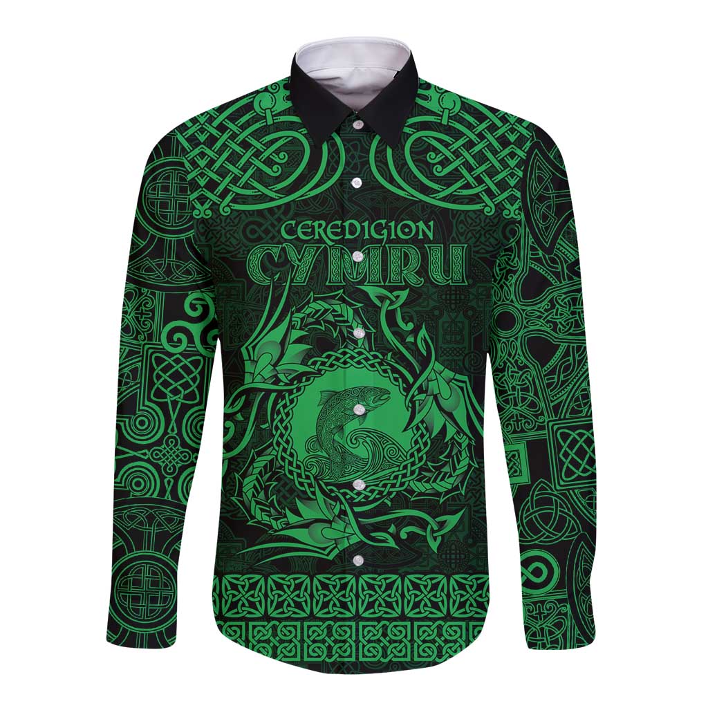Personalized Cardiganshire Ceredigion Long Sleeve Button Shirt Green Leaping Salmon Celtic-inspired - Wonder Print Shop