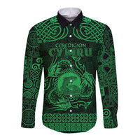 Personalized Cardiganshire Ceredigion Long Sleeve Button Shirt Green Leaping Salmon Celtic-inspired - Wonder Print Shop