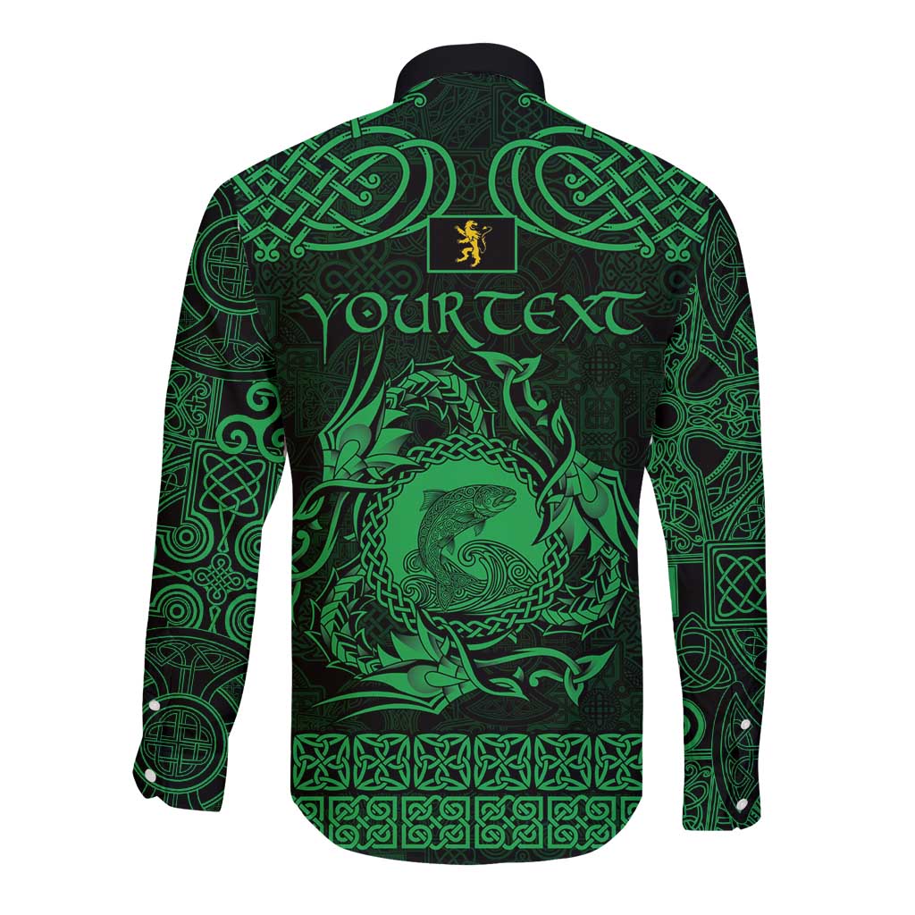 Personalized Cardiganshire Ceredigion Long Sleeve Button Shirt Green Leaping Salmon Celtic-inspired - Wonder Print Shop