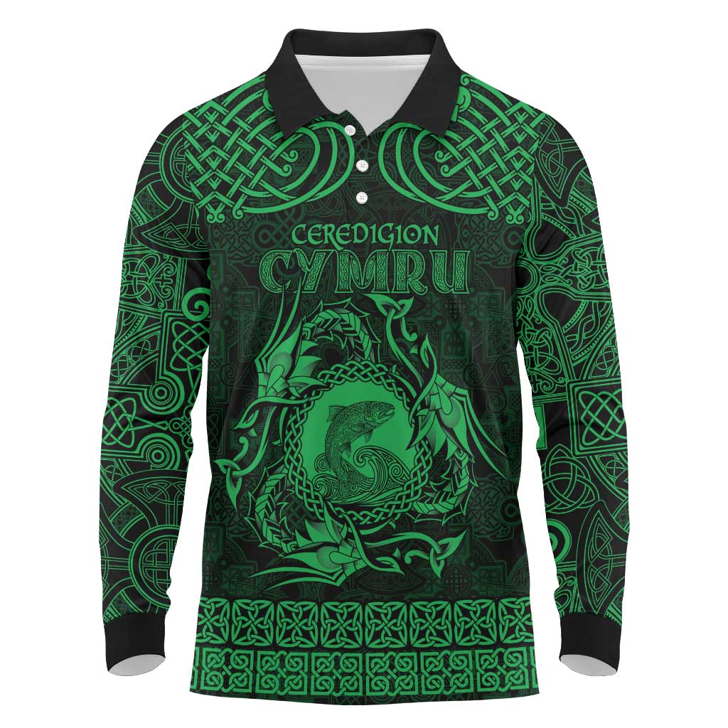 Personalized Cardiganshire Ceredigion Long Sleeve Polo Shirt Green Leaping Salmon Celtic-inspired - Wonder Print Shop