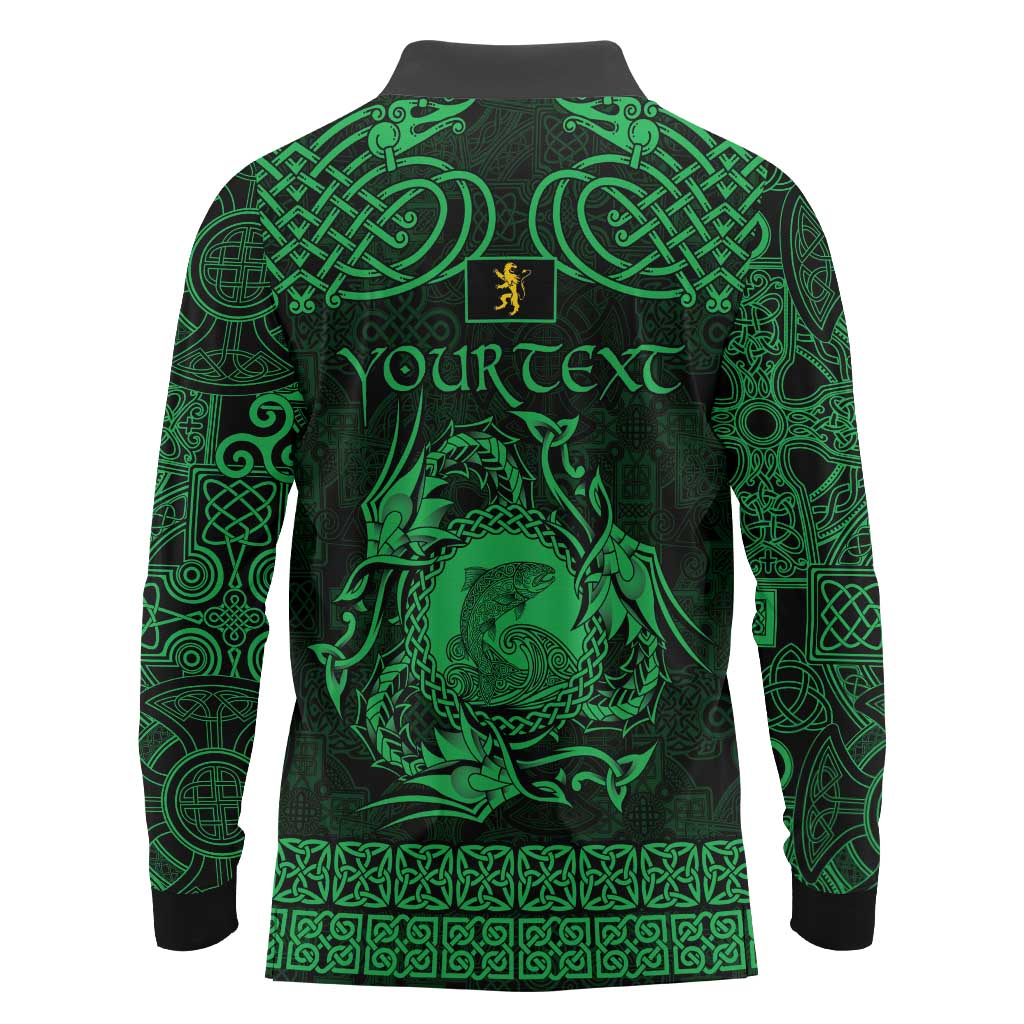 Personalized Cardiganshire Ceredigion Long Sleeve Polo Shirt Green Leaping Salmon Celtic-inspired - Wonder Print Shop