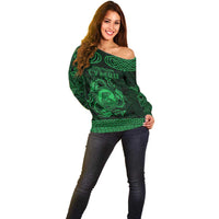 Personalized Cardiganshire Ceredigion Off Shoulder Sweater Green Leaping Salmon Celtic-inspired - Wonder Print Shop