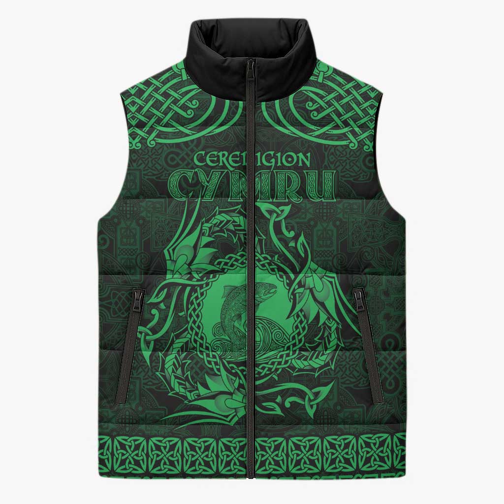 Personalized Cardiganshire Ceredigion Sleeveless Puffer Jacket Green Leaping Salmon Celtic-inspired - Wonder Print Shop