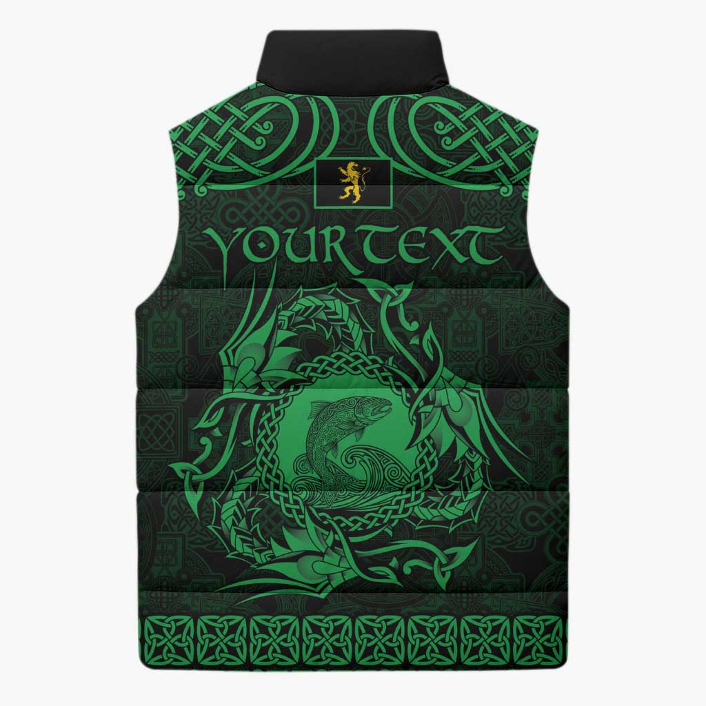 Personalized Cardiganshire Ceredigion Sleeveless Puffer Jacket Green Leaping Salmon Celtic-inspired - Wonder Print Shop