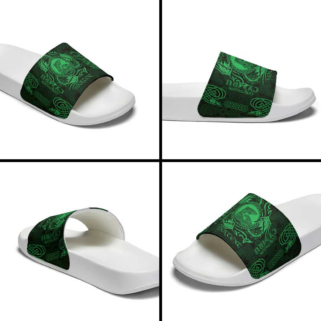 Personalized Cardiganshire Ceredigion Slide Sandals Green Leaping Salmon Celtic-inspired - Wonder Print Shop