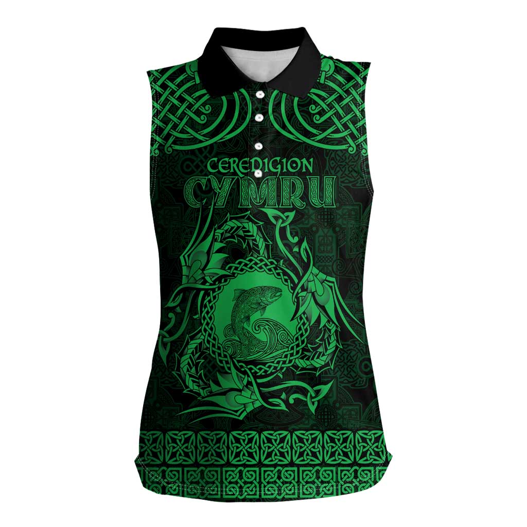 Personalized Cardiganshire Ceredigion Women Sleeveless Polo Shirt Green Leaping Salmon Celtic-inspired - Wonder Print Shop