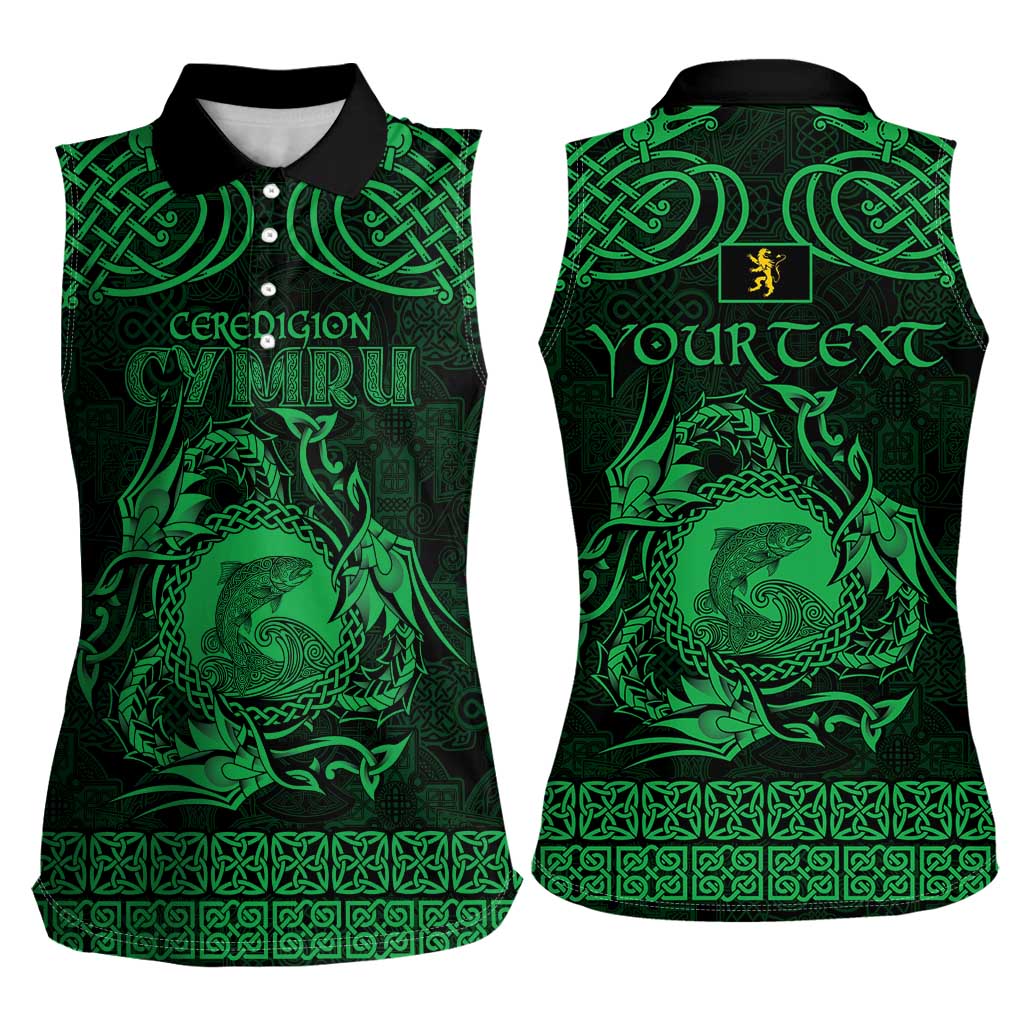 Personalized Cardiganshire Ceredigion Women Sleeveless Polo Shirt Green Leaping Salmon Celtic-inspired - Wonder Print Shop