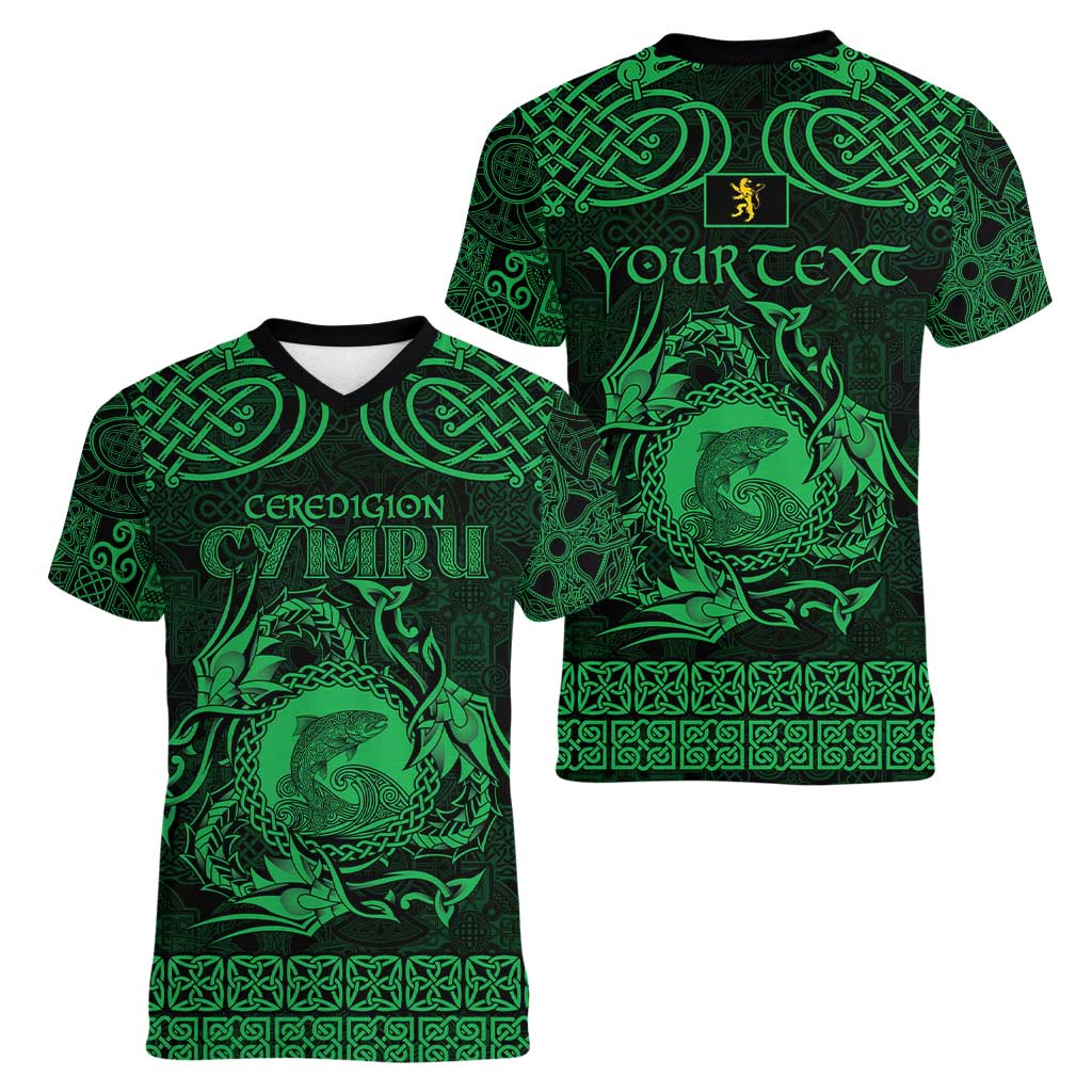 Personalized Cardiganshire Ceredigion Women V-Neck T-Shirt Green Leaping Salmon Celtic-inspired - Wonder Print Shop