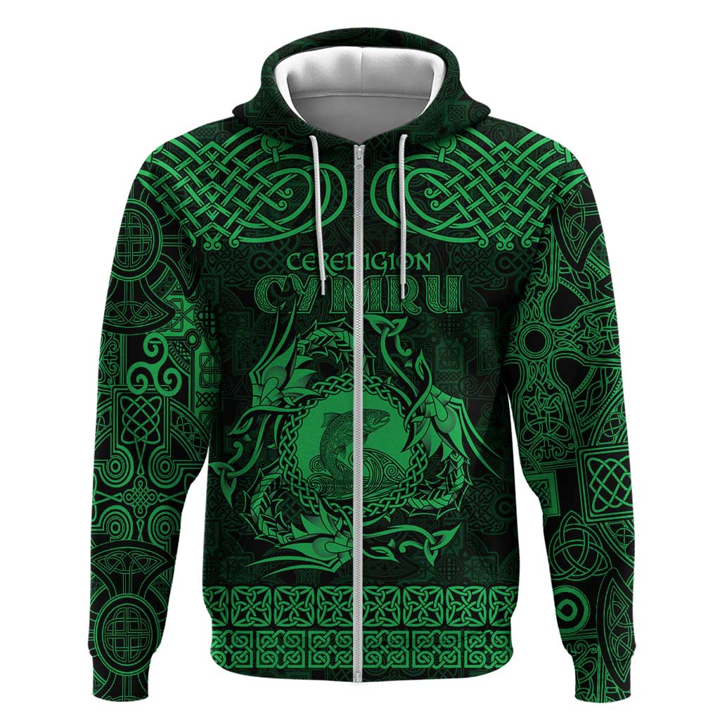 Personalized Cardiganshire Ceredigion Zip Hoodie Green Leaping Salmon Celtic-inspired - Wonder Print Shop