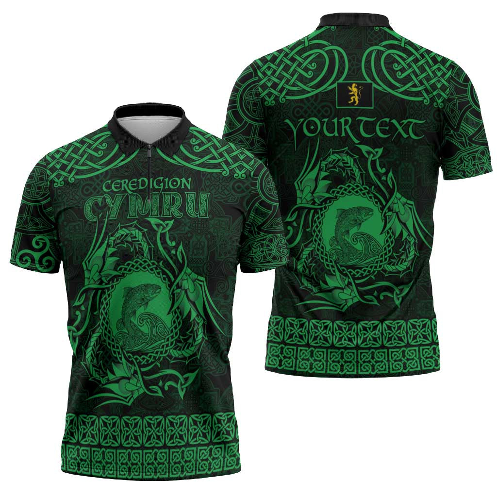 Personalized Cardiganshire Ceredigion Zipper Polo Shirt Green Leaping Salmon Celtic-inspired - Wonder Print Shop