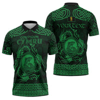 Personalized Cardiganshire Ceredigion Zipper Polo Shirt Green Leaping Salmon Celtic-inspired - Wonder Print Shop