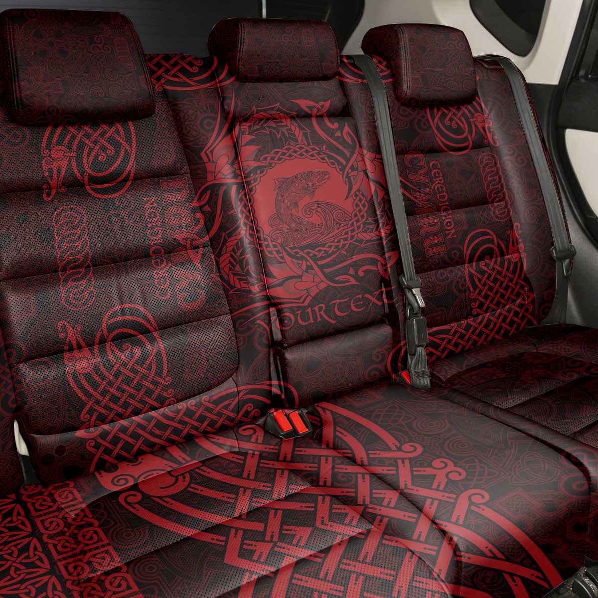 Personalized Cardiganshire Ceredigion Back Car Seat Cover Red Leaping Salmon Celtic-inspired - Wonder Print Shop
