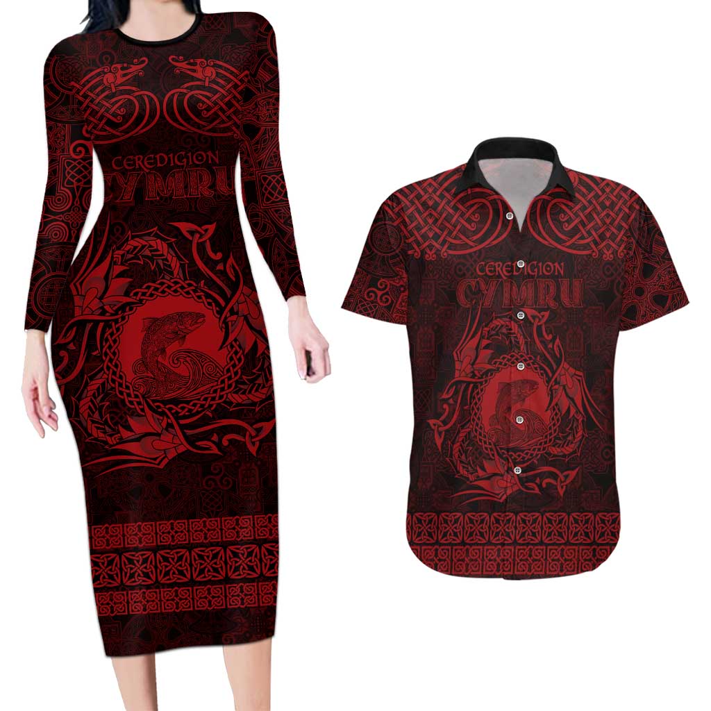 Personalized Cardiganshire Ceredigion Couples Matching Long Sleeve Bodycon Dress and Hawaiian Shirt Red Leaping Salmon Celtic-inspired - Wonder Print Shop