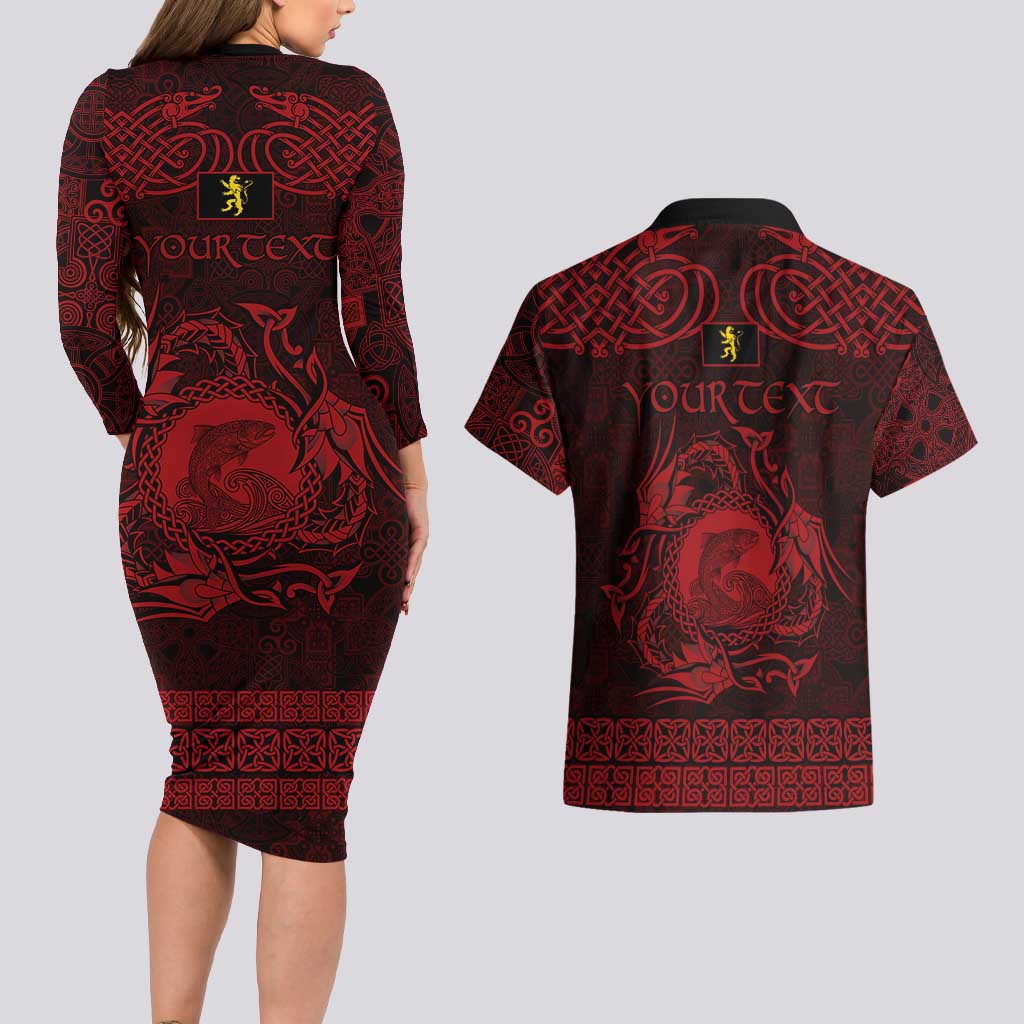 Personalized Cardiganshire Ceredigion Couples Matching Long Sleeve Bodycon Dress and Hawaiian Shirt Red Leaping Salmon Celtic-inspired - Wonder Print Shop