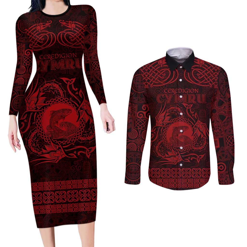 Personalized Cardiganshire Ceredigion Couples Matching Long Sleeve Bodycon Dress and Long Sleeve Button Shirt Red Leaping Salmon Celtic-inspired - Wonder Print Shop